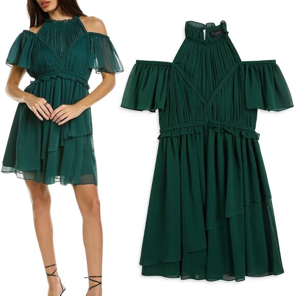 NEW Ted Baker Poppio Rope Detail Mini Dress Ruffle Rope Hunter Green Sz 6 Dainty - Picture 2 of 12